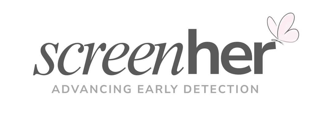 Logo for ScreenHer, featuring the text 'screenher' and the tagline 'Advancing Early Detection' alongside a butterfly graphic.